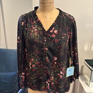 CeCe Black Floral Blouse